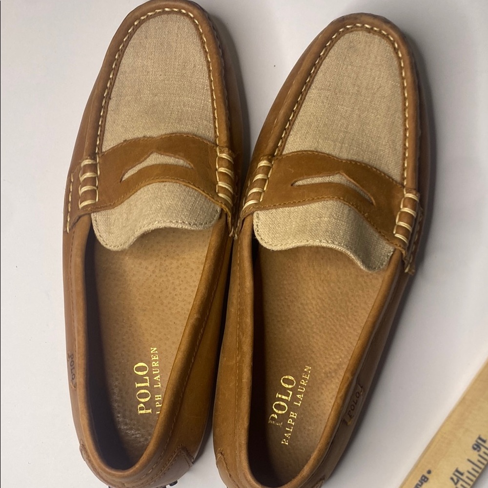 Polo by Ralph Lauren Men's Tan Canvas & Leather Penny Loafers
